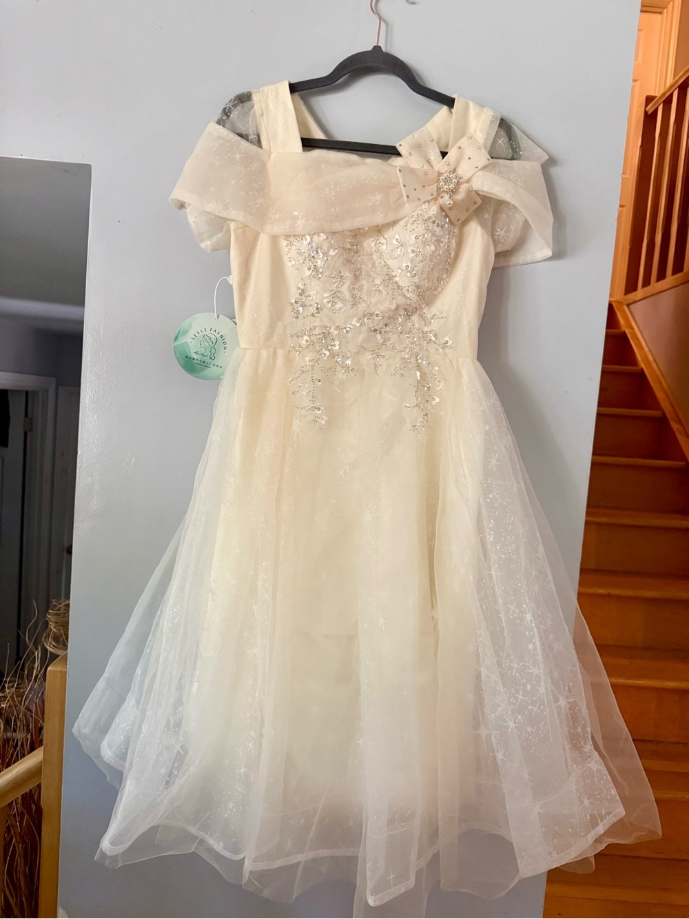 Boutique Cream Sequin Tulle Off-The-Shoulder Cocktail Dress Size S